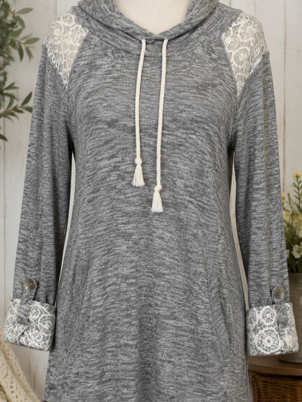 Chance or Fate Gray Lace-Accent Hooded Pullover